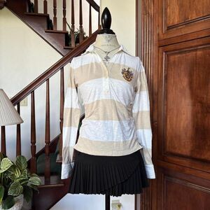 Canterbury of New Zealand Stripe Polo Long Sleeve Shirt Cream White